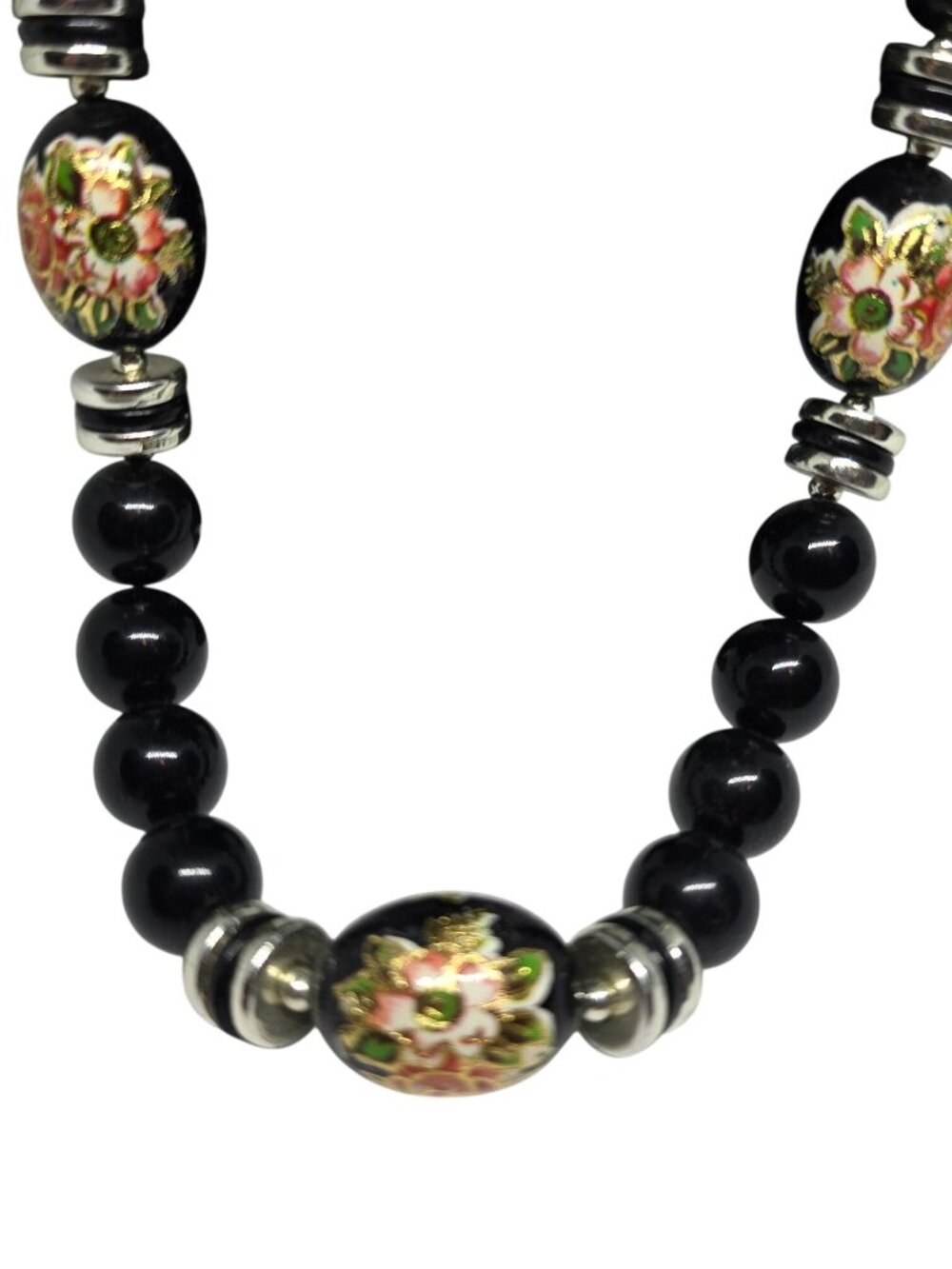 Vintage Black Beaded Cloisonné Floral Necklace Gold Tone Spacers Statement 24” - Picture 3 of 9